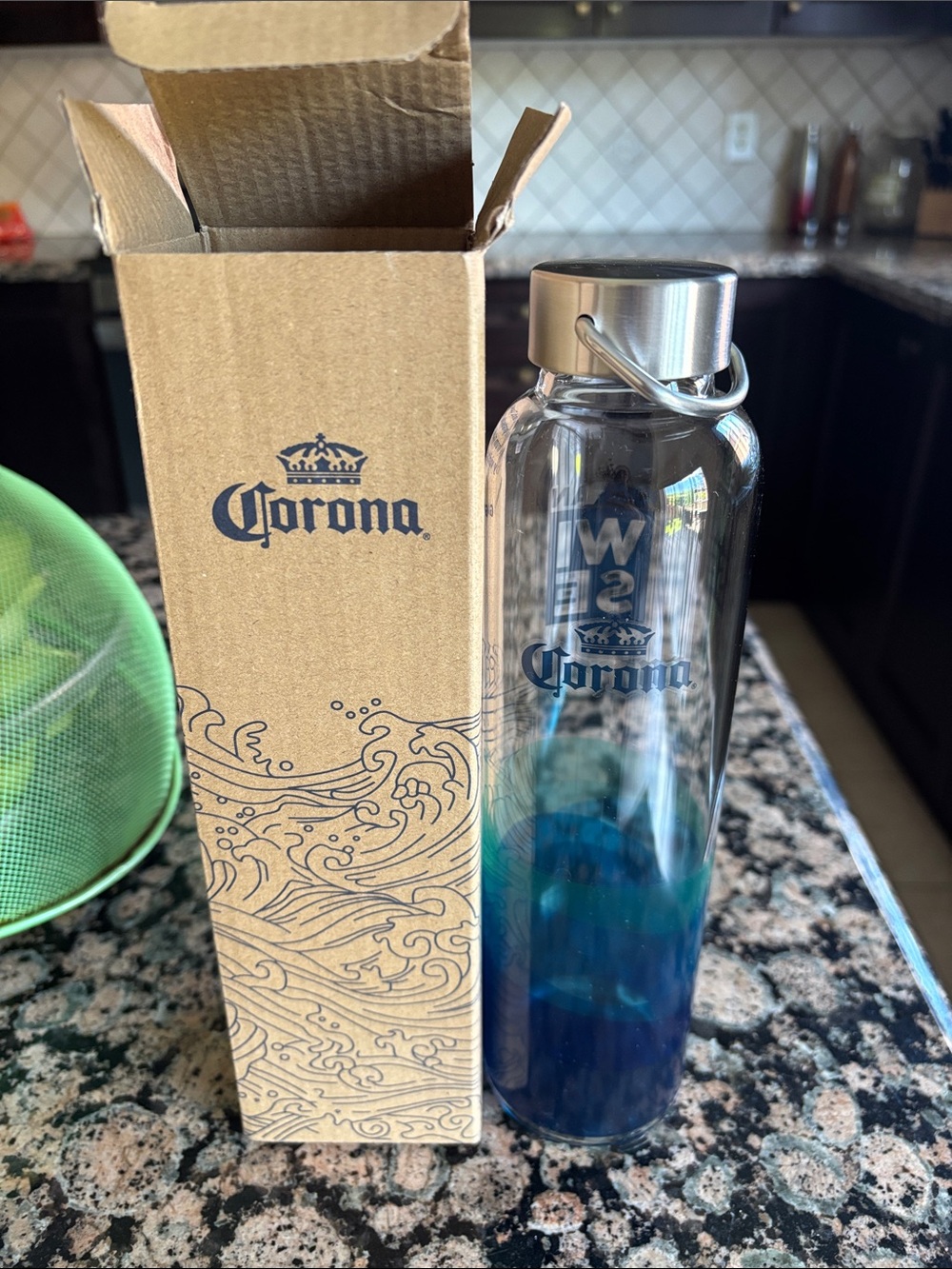 Corona Blue Gradient Glass Water Bottle with Stainless Cap